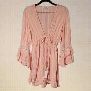 Boho 2000s Blue Island Peasant Blouse Bell Sleeve Rayon Baby Pink S Small Waist